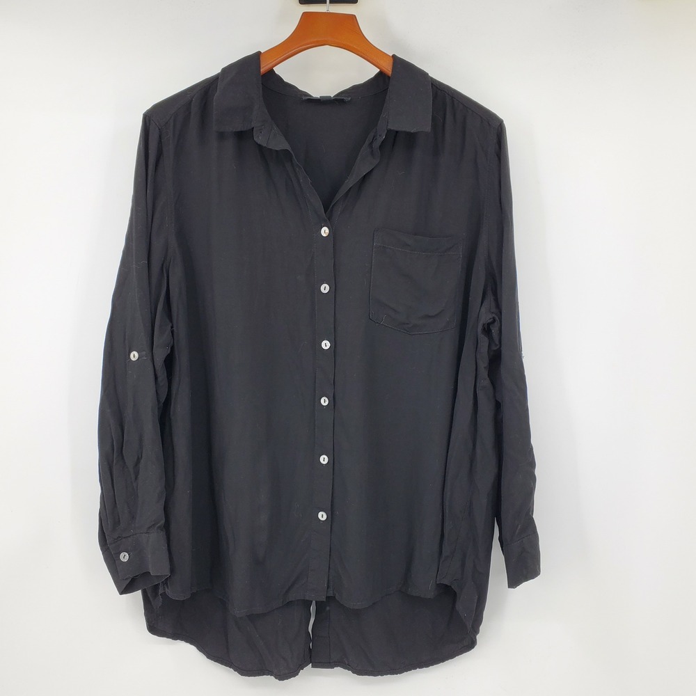 Jane + Delancey Black Button Back Roll Tab Sleeve Shirt Plus Size 1X Oversized